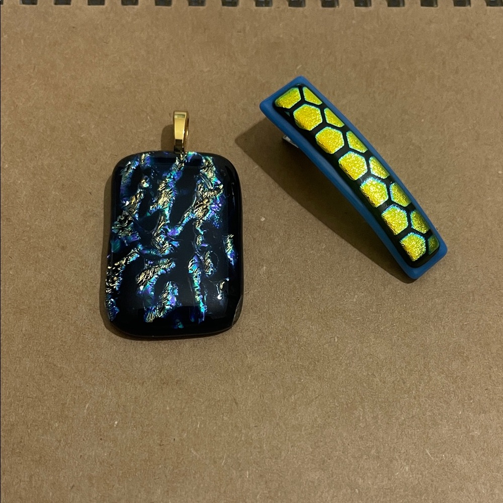 Handmade Dichroic Art Glass Pendant and Hair Clip